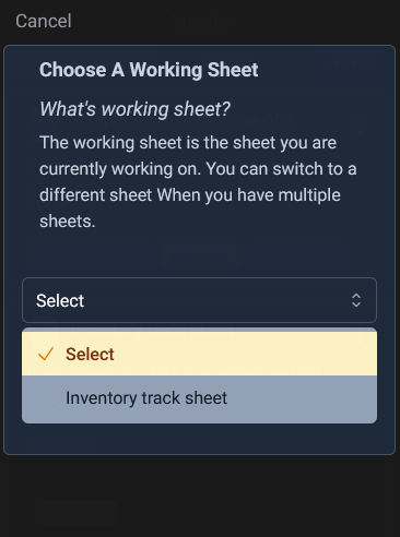 the barcode scan detects if there is a working sheet chosen. otherwise, show this modal to ask for a working sheet choosing.