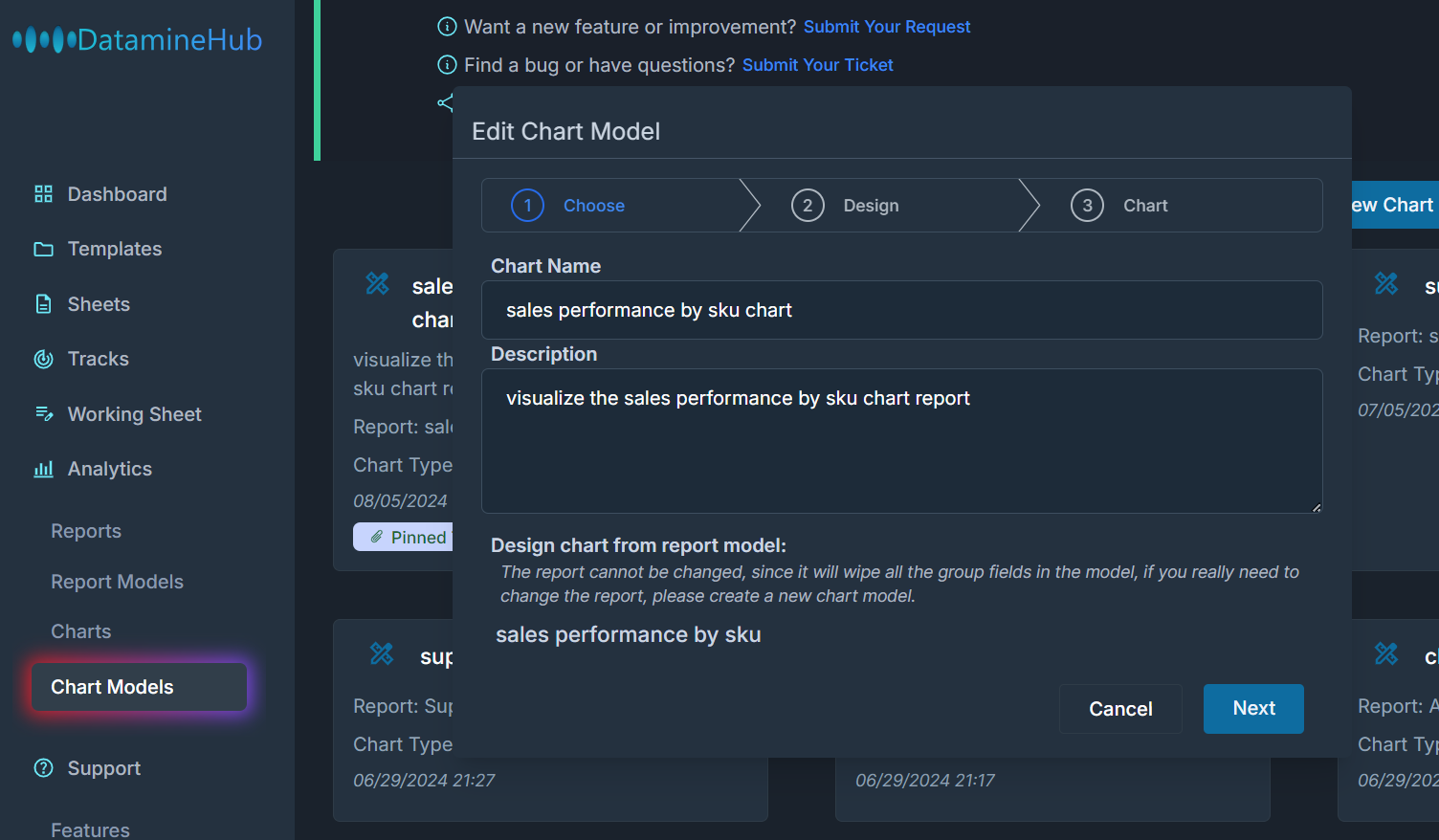 edit chart model, can change the name, description, choose group fields, but the report it relies on cannot be changed.