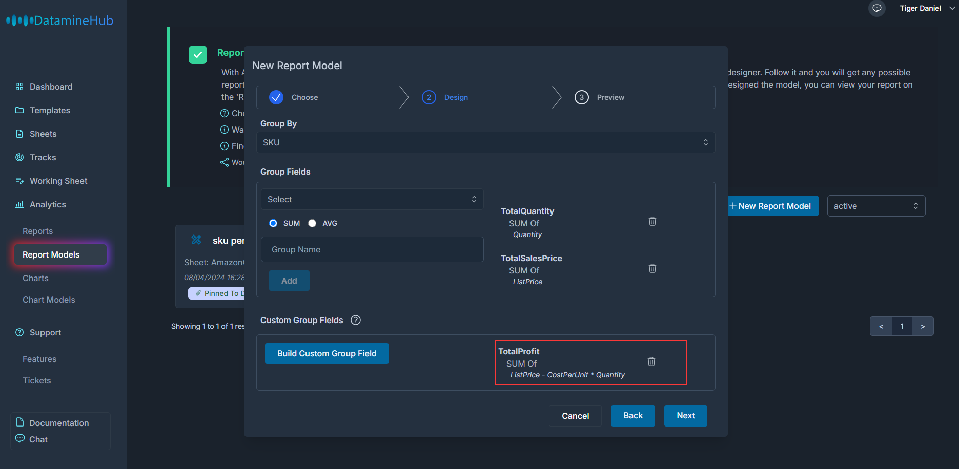 design a report model, set the group by, group fields, custom group fields.