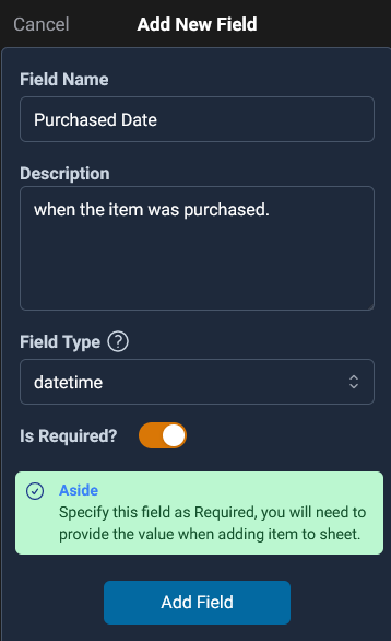 add a datetime field Purchased Date to track the date and time when the product was purchased from suppliers