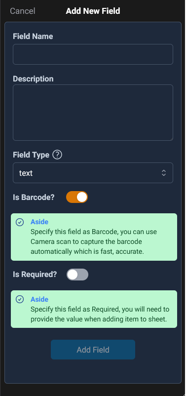 add a new field to inventory track, set the field name, description and data type, such as text, number, decimal, formula.