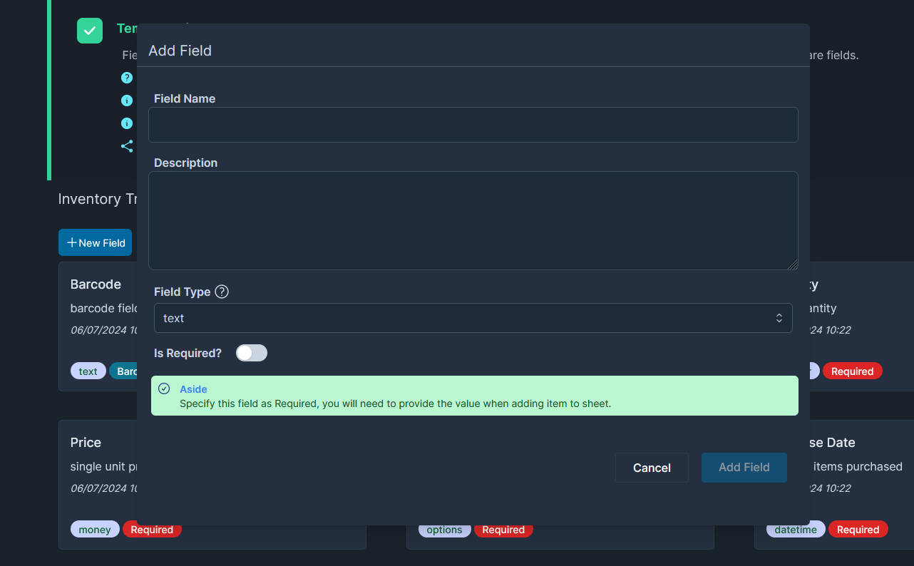 add a new field to inventory track, set the field name, description and data type, such as text, number, decimal, formula.