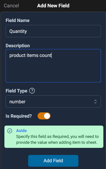 add a number field Quantity to record the products number in warehouse