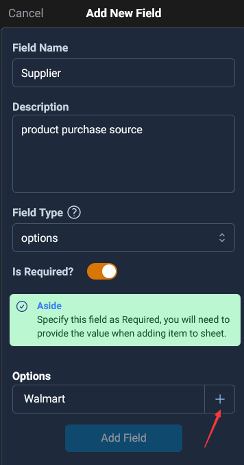 add an options field Supplier, options allow to predefine a few options to choose, useful in category like field