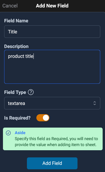 add a textarea field, it is useful to long sentences, such as product description