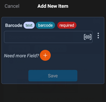 the new added Barcode field is on the add item view on mobile app, scan the barcode by tapping the scan icon.