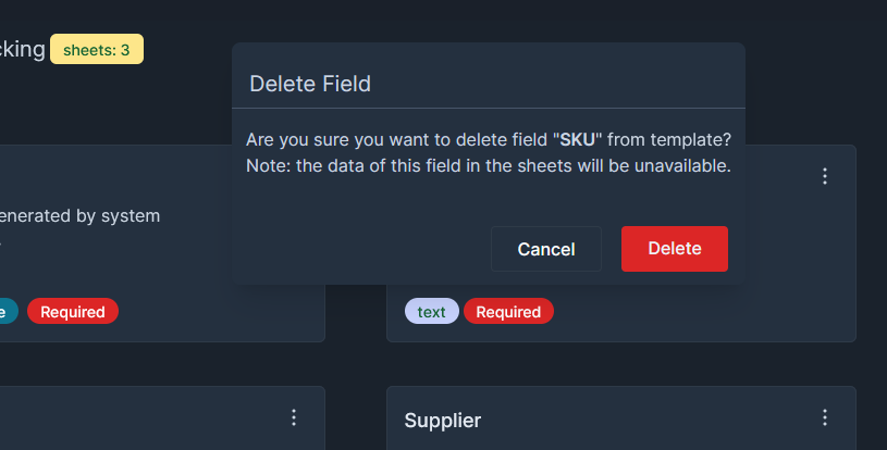 delete a field from the template on web app, this will remove this field value from all sheets based on this template.