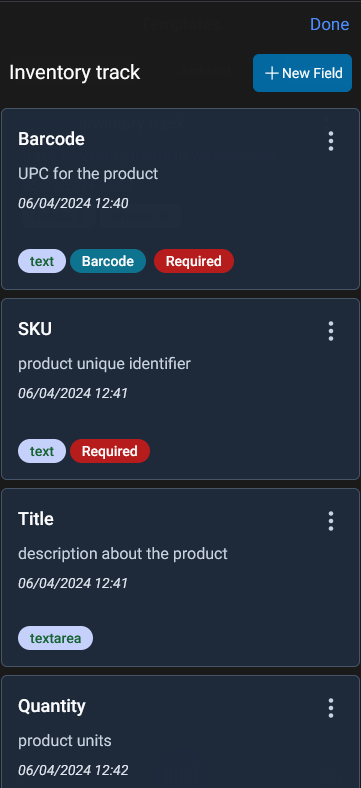 inventory track template fields, include Barcode, SKU, Quantity, Price, Supplier, Purchased Date, Amount on mobile app.