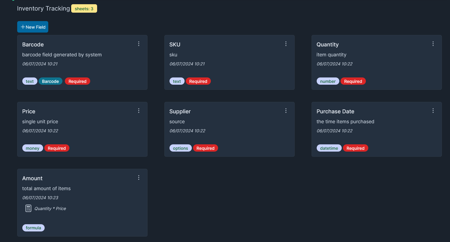 inventory track template fields, include Barcode, SKU, Quantity, Price, Supplier, Purchased Date, Amount on web app.