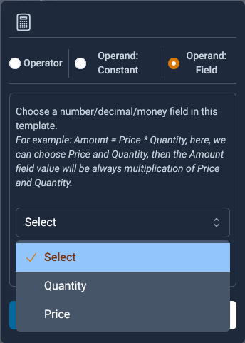 the other number, decimal or money fields display in the list to allow adding to the expression.