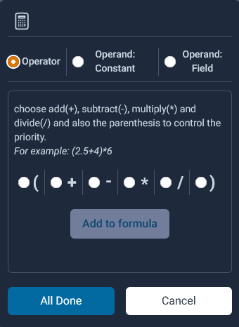 operator is add, subtract, multiply, divide and parenthesis that can be used to join a valid math expression.