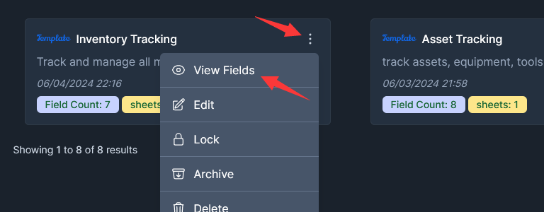 click the view fields in the ellipsis menu to view the inventory track fields which contains SKU, Quantity, Barcode etc.