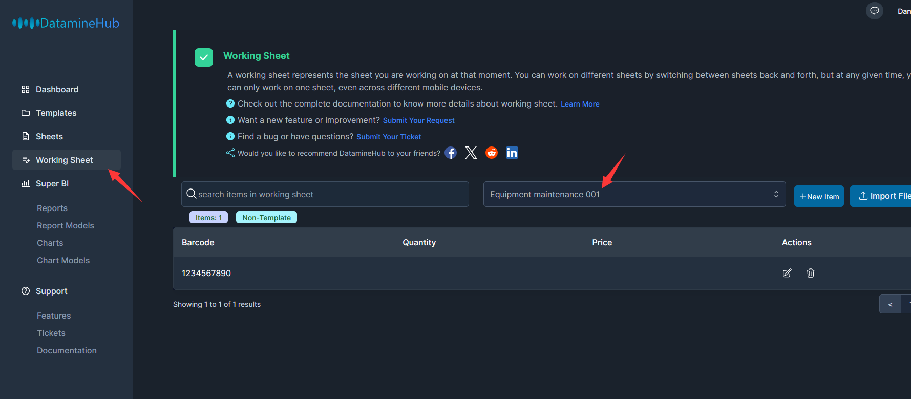 select a sheet from multiple sheets as the current working sheet, then add items or import file to this working sheet.