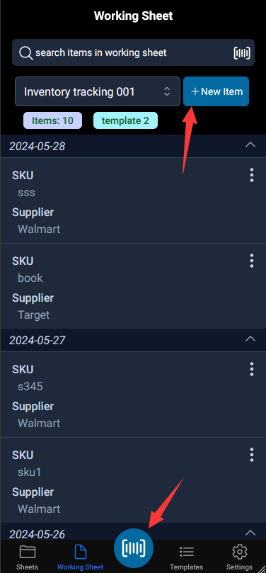 tap the barcode icon to scan barcode and add item to the working sheet, also tap the new item button works too.