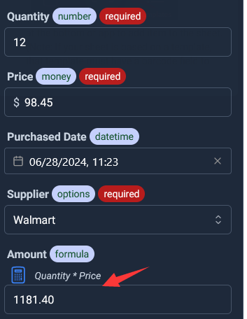 provide the value for each field in add item modal, notice the formula field Amount, its value is updated automatically.