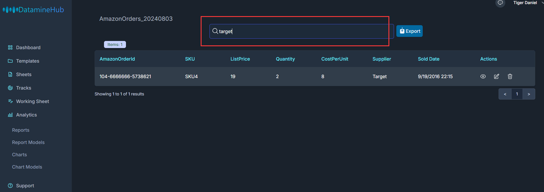 search keyword target, filter items that any of the fields contain the keyword target, such as the supplier field.