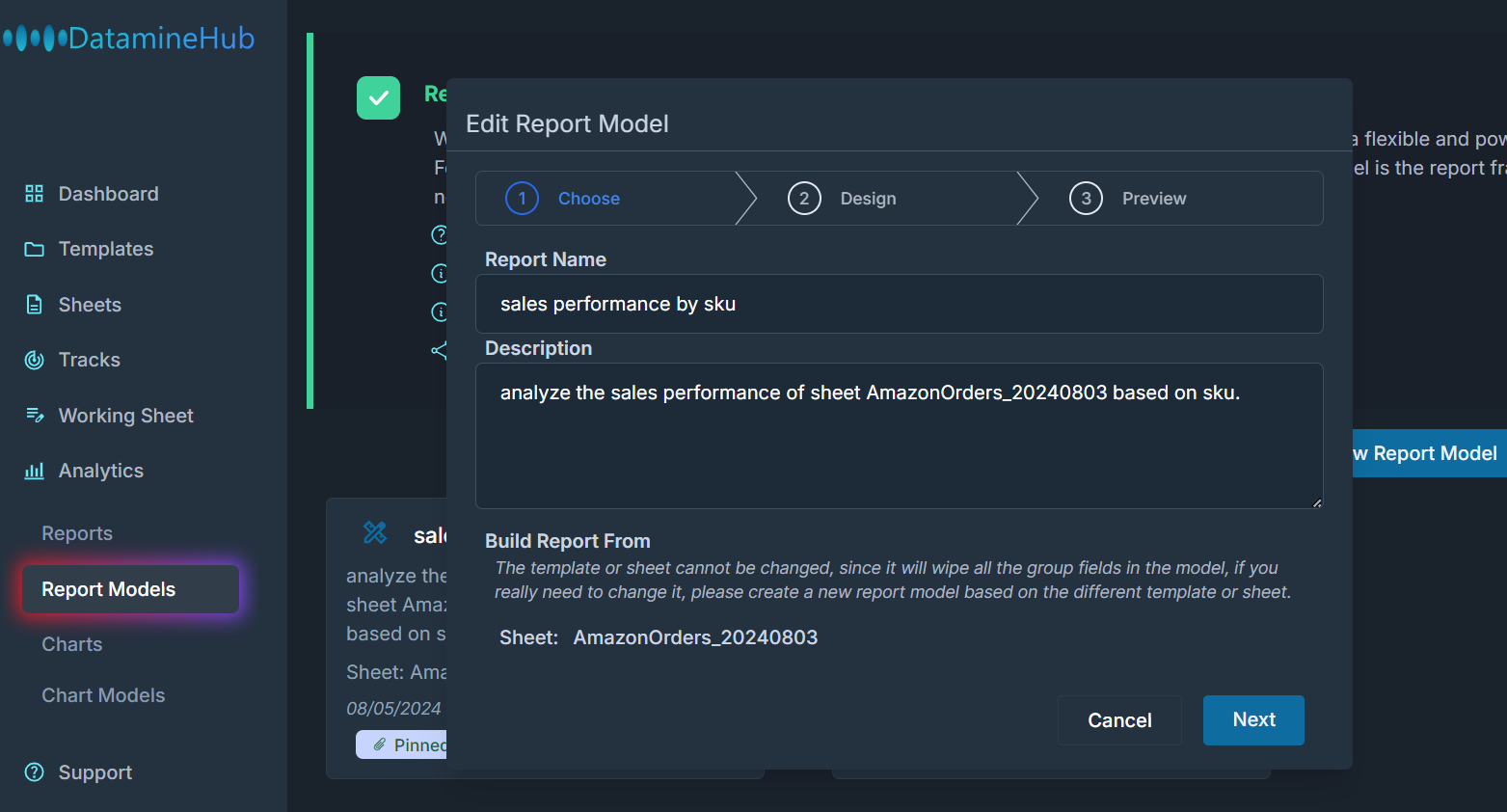 edit model allows you to change the model name, description, group by, group fields and group custom fields.