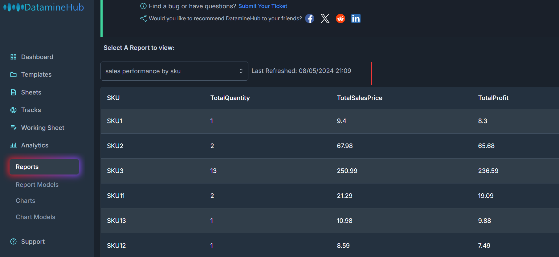 view the generated report sales performance by sku. The last refreshed tells when the report was refreshed.