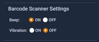 change the barcode scan option on mobile app. includes beep and vibartion. the default beep is on, and vibration is off.