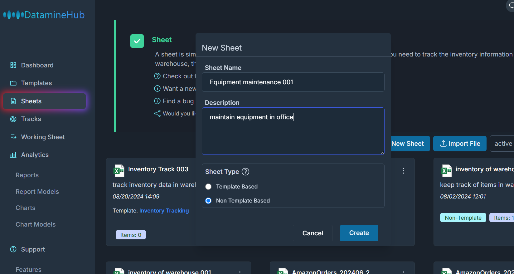 create a new non template based sheet for equipment maintain purpose on web app.