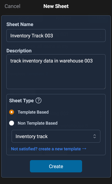 create a new sheet based on template inventory track with fields Barcode, SKU, Title, Quantity, Supplier etc.