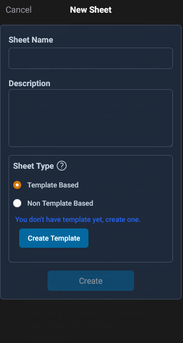 create a new sheet with template based, but no template available, click the link to create a template first.