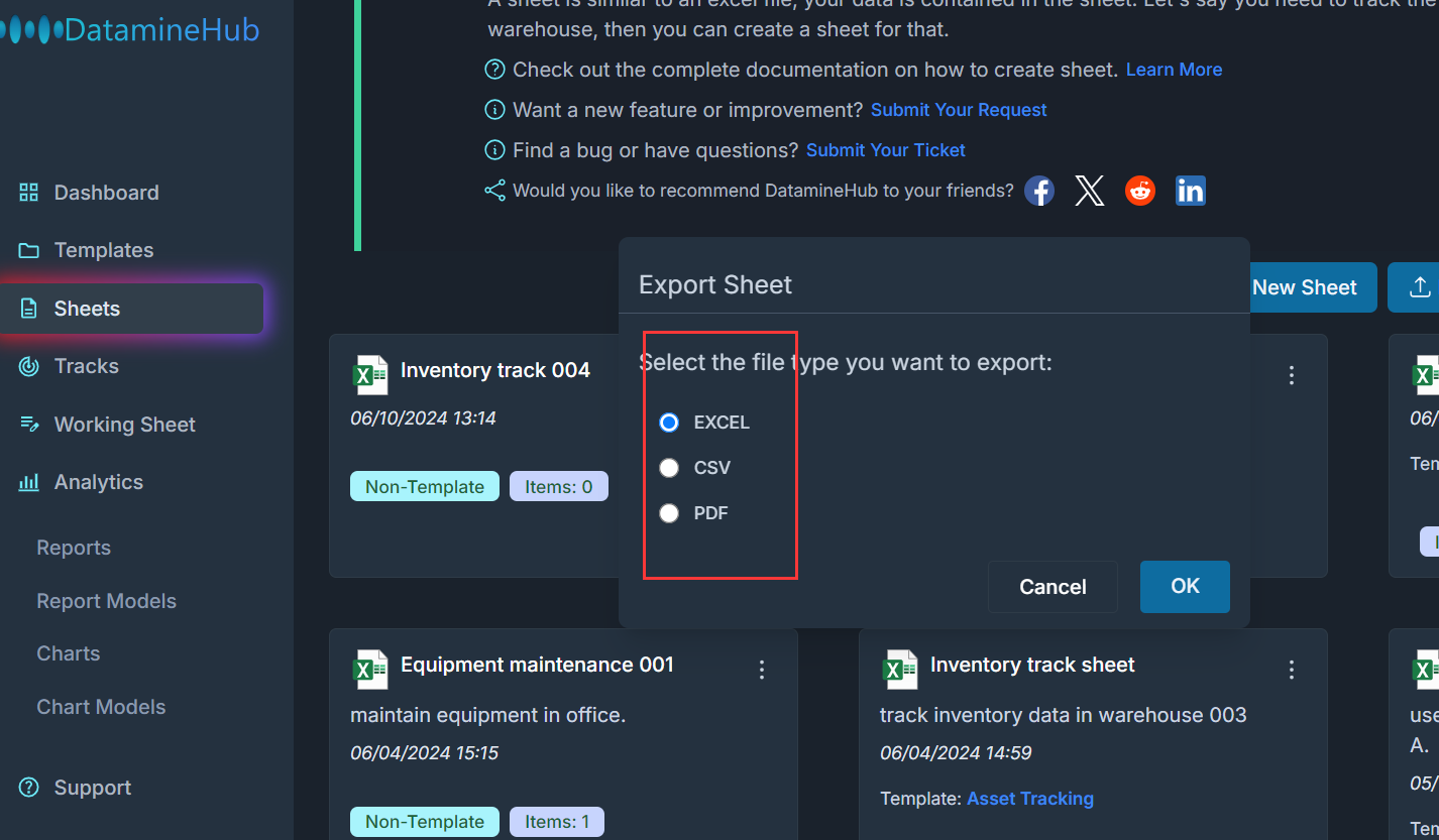 sheet export allows you to export the sheet to various format files, such as PDF, CSV, Excel, and others provided later.