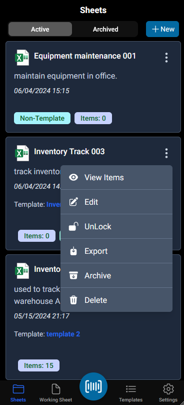 tap the ellipsis icon on each sheet on sheets view, the popup menu shows the actions. view items, edit, lock, export, etc.