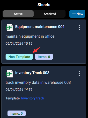 sheets list view with the new created non template based sheet for equipment maintain.