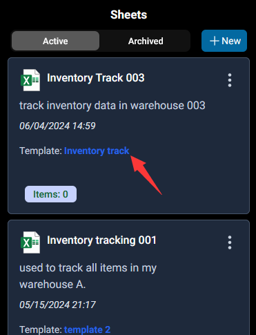 sheets list view on mobile app with the just created new sheet inventory track 003 based on template inventory track