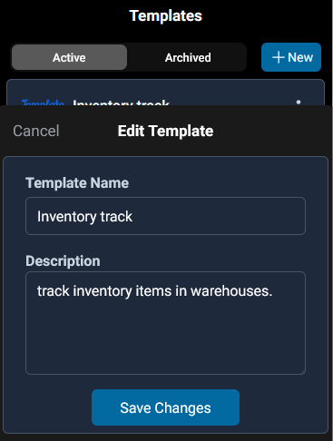 change inventory track template name and description on mobile app by tapping the Edit icon from ellipsis menu.