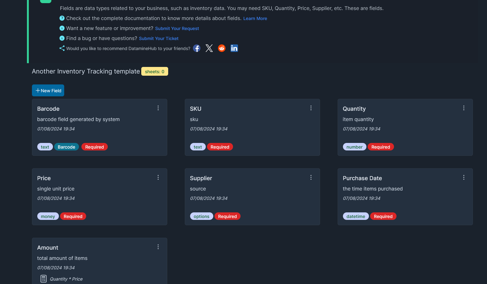 data fields in template, such as SKU, Quantity, Price, Amount, Supplier, Title on dataminehub web app.