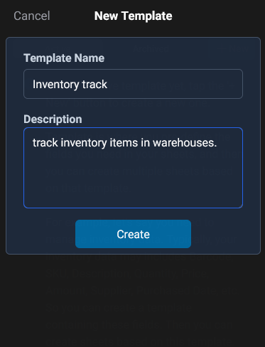 create an inventory template, set its name and description