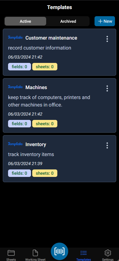 various templates for different industries, such as inventory, equipment, customer maintain in dataminehub mobile app