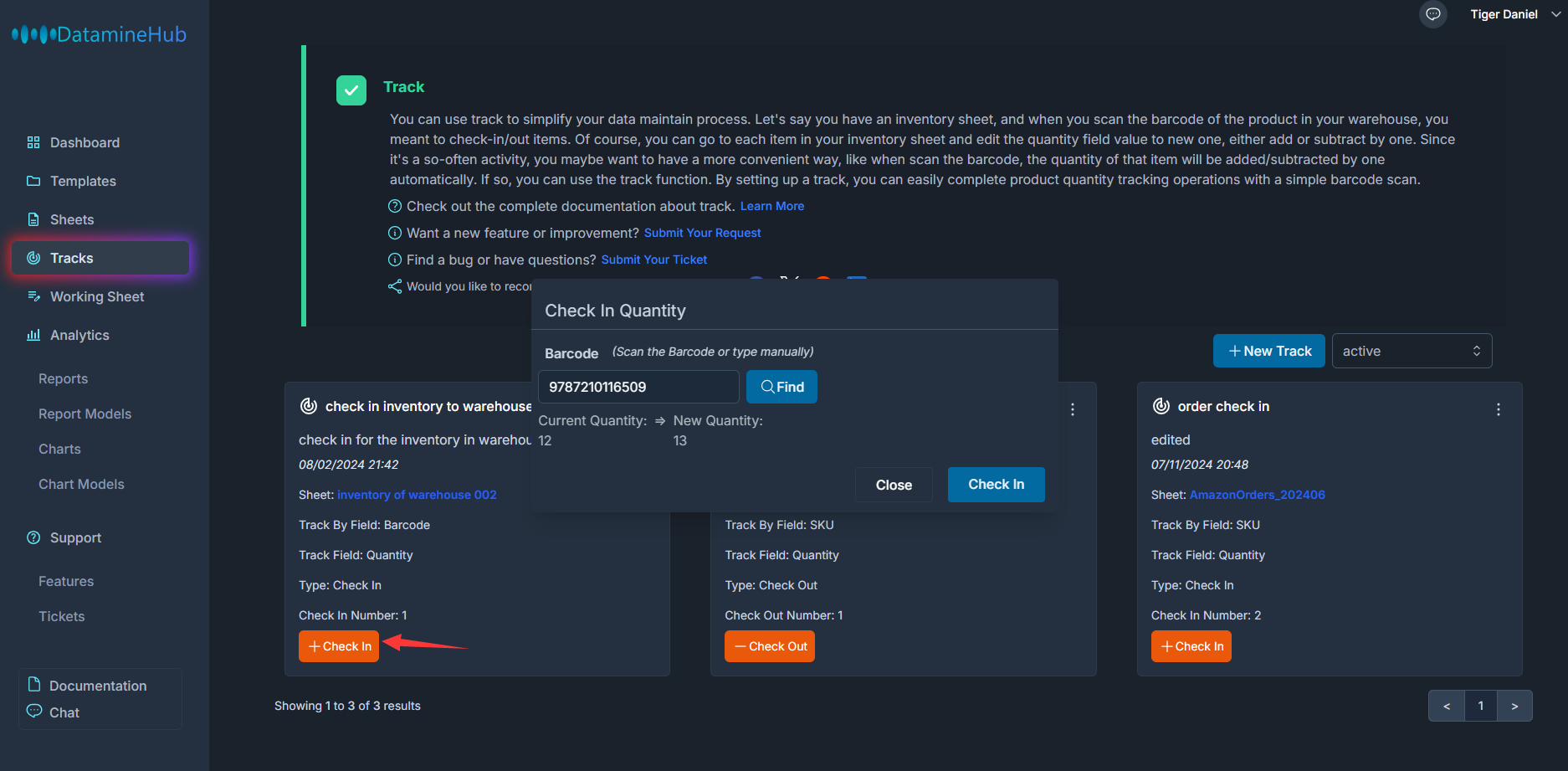 check in quantity modal, when find the item by barcode keyword, will increase the quantity automatically.