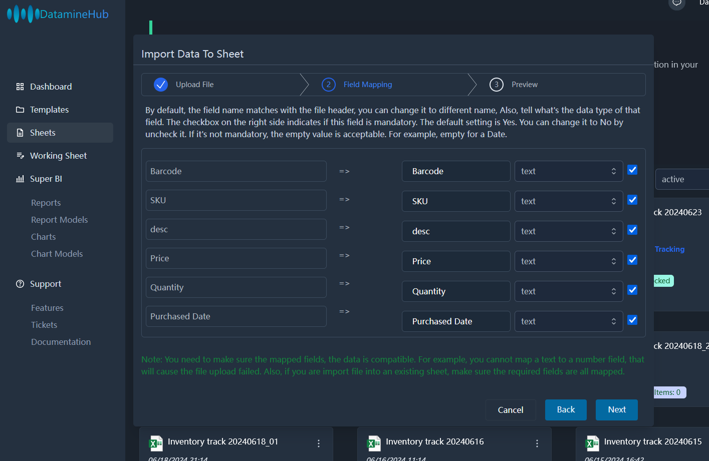 bulk import data into sheet, with any field and data types.